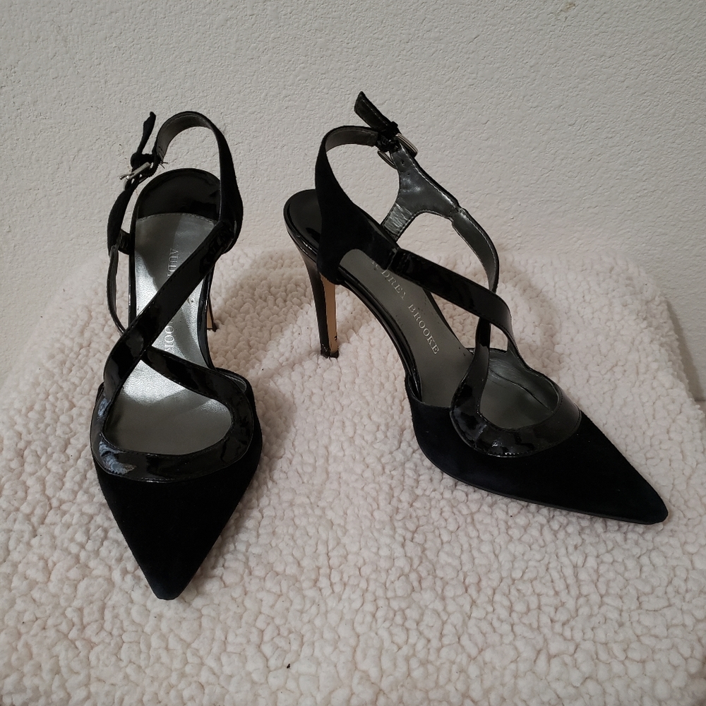 Black suede and patent pumps